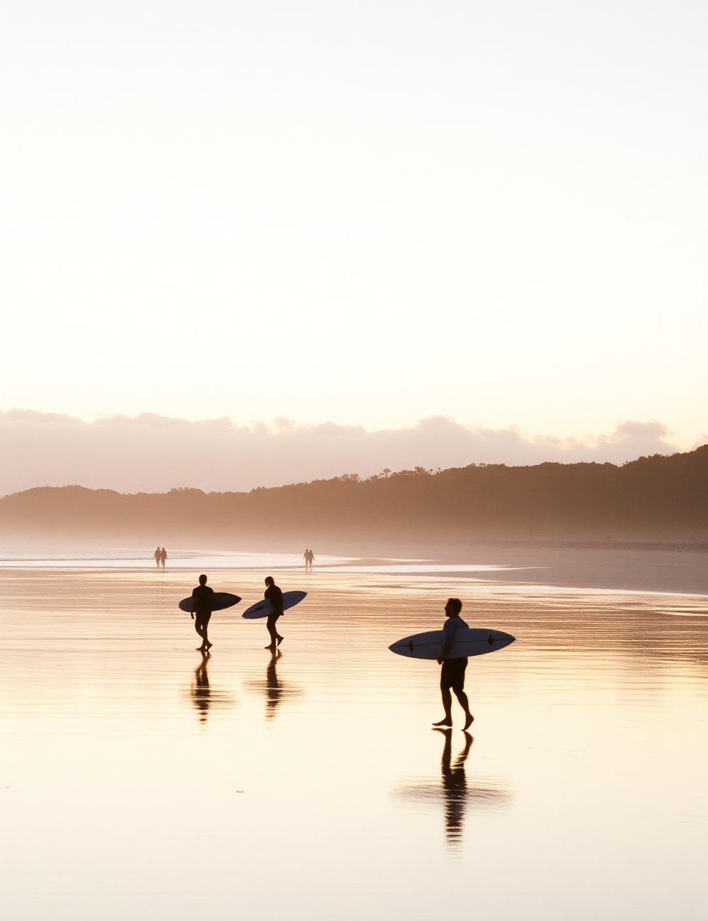 Surfers walking along Byron Bay beach at sunrise